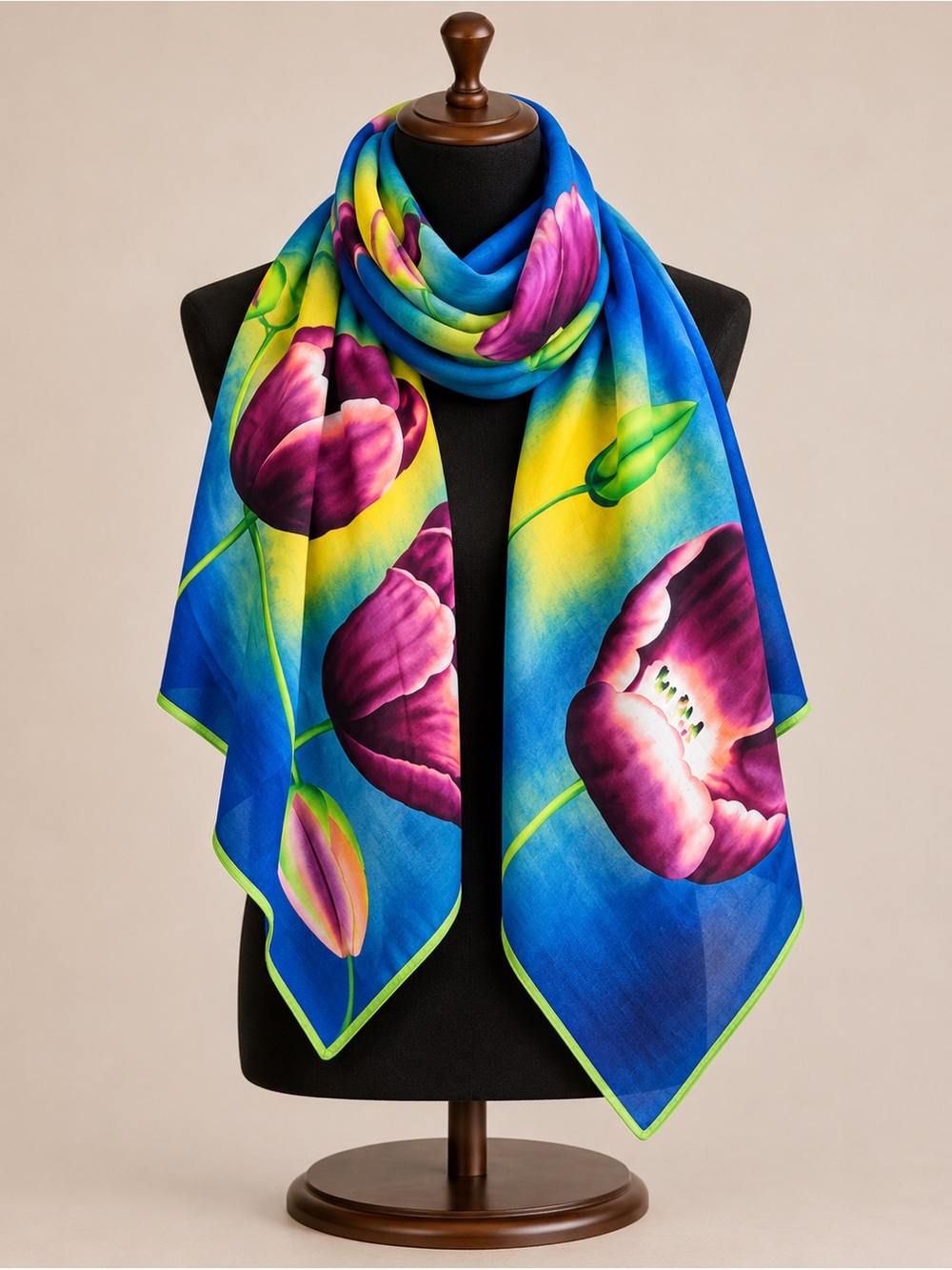 Vintage Vibrant Floral Tulip Scarf Blue Pink Green Large Wrap